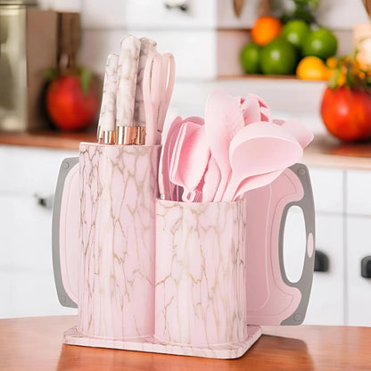 Black Marble Utensil & Knife Block Set - Gold Vein Countertop Organizer